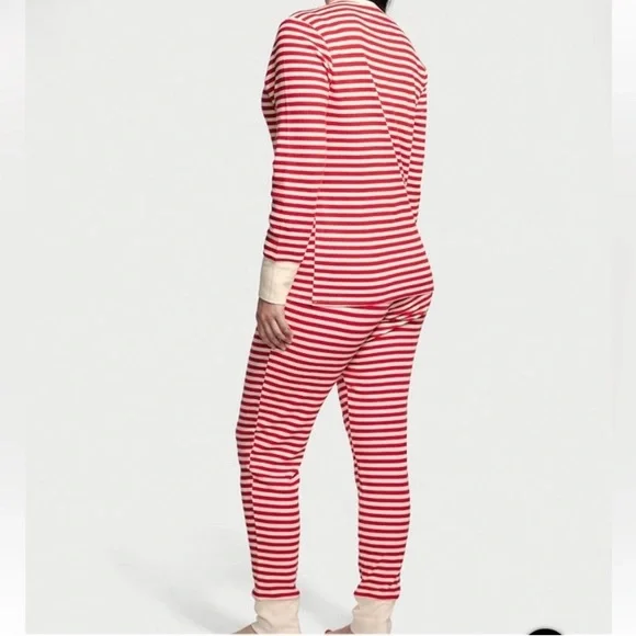 Victoria Secret Long Thermal Pajama Set Red & White Candy Cane Striped - Picture 2 of 9